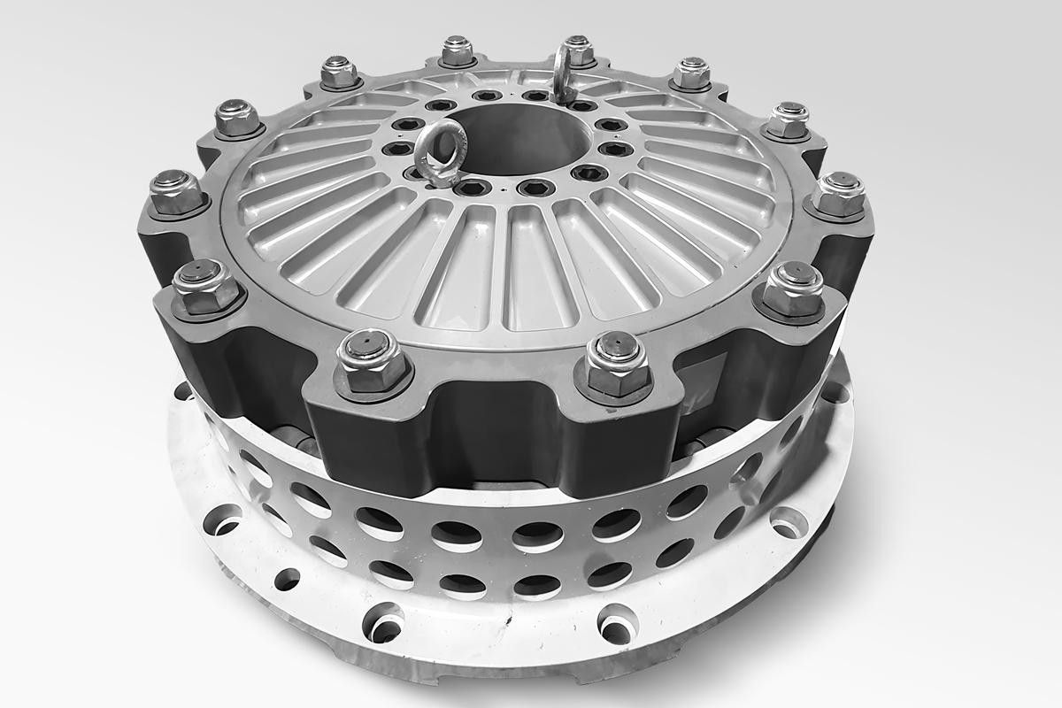 Flexible rubber-block coupling for a steel rolling mill drive, bolted flange with perforated guard ring